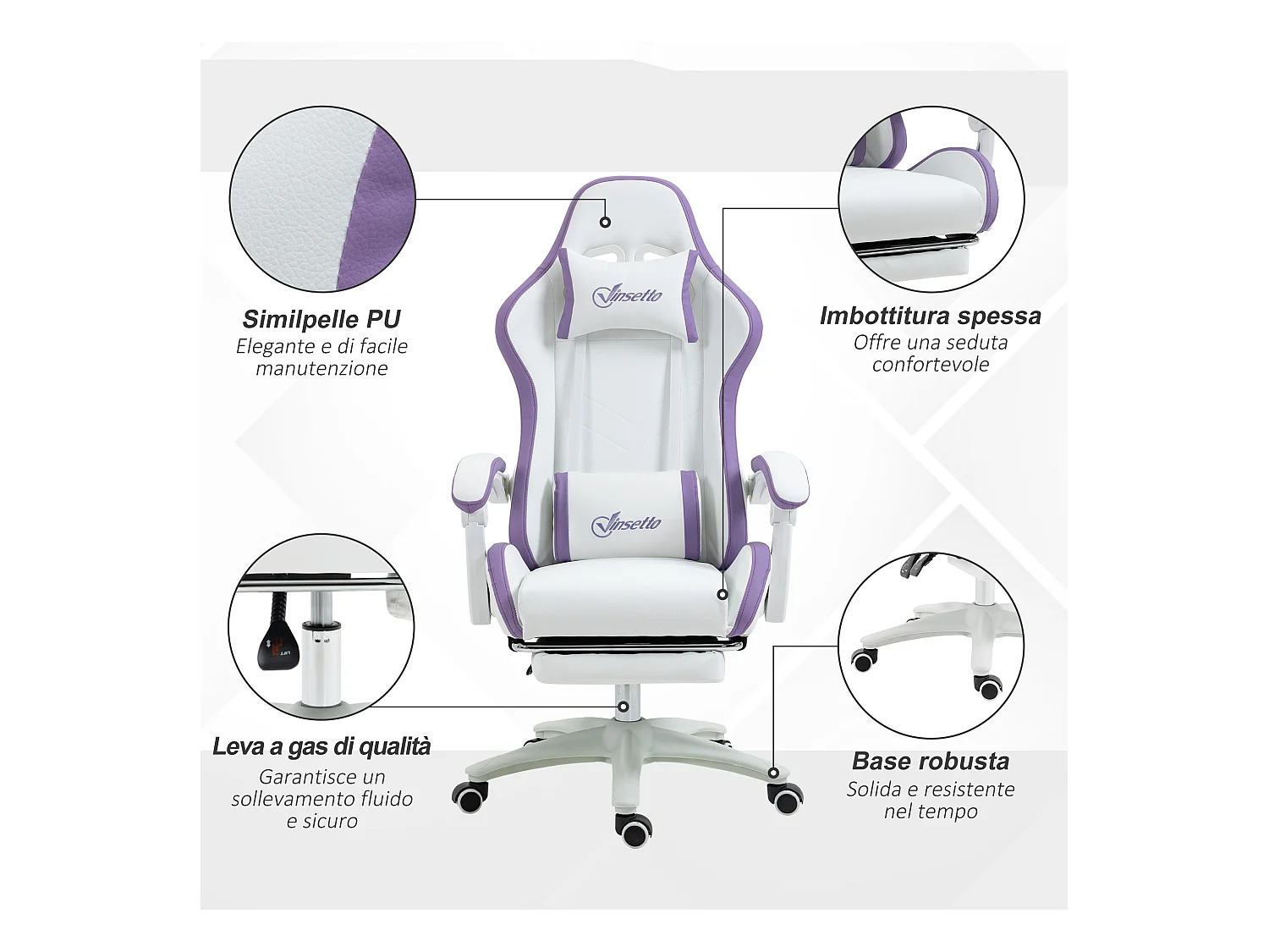 Sedia gaming altezza regolabile con schienale reclinabile bianco viola
