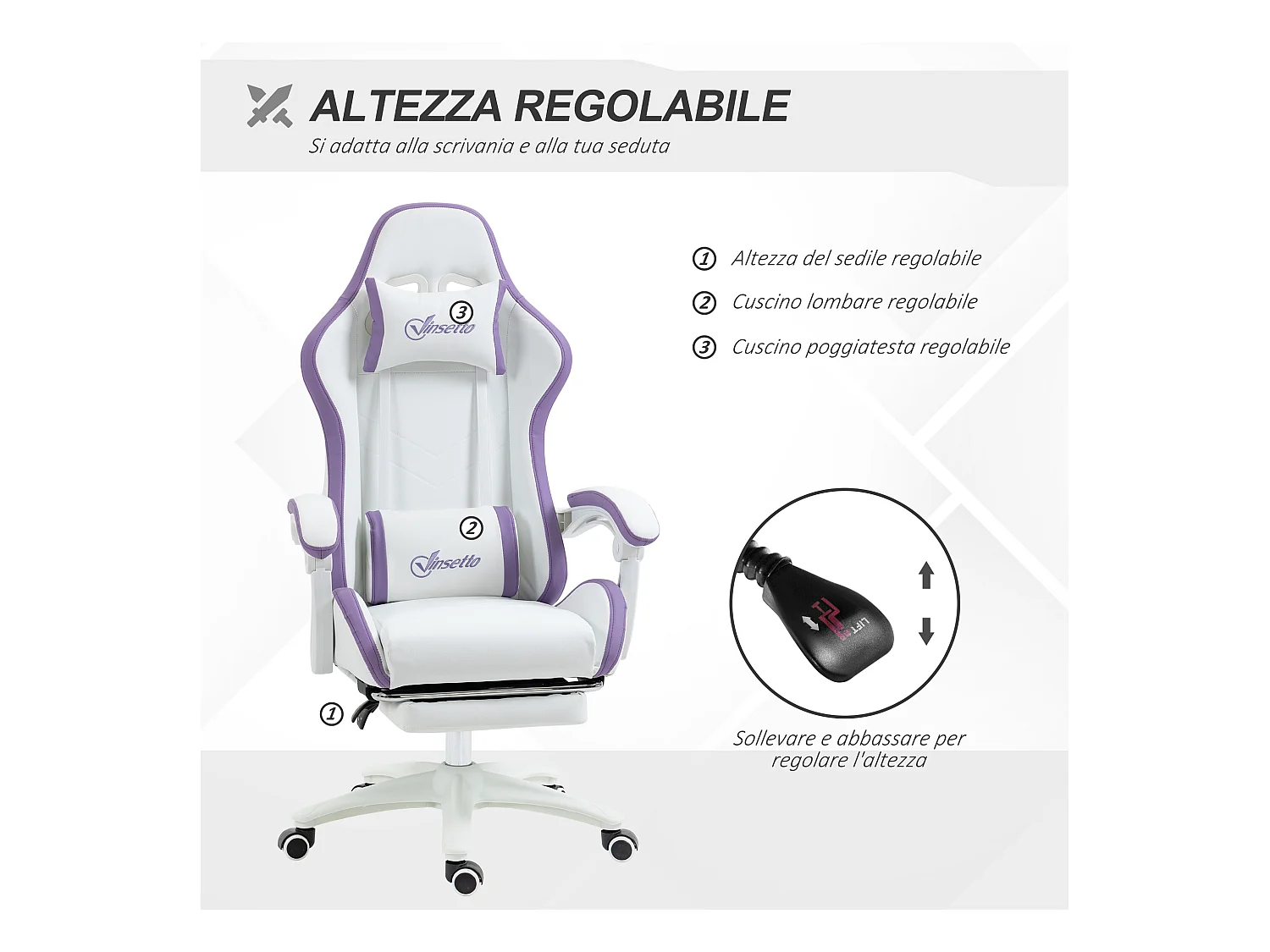 Sedia gaming altezza regolabile con schienale reclinabile bianco viola