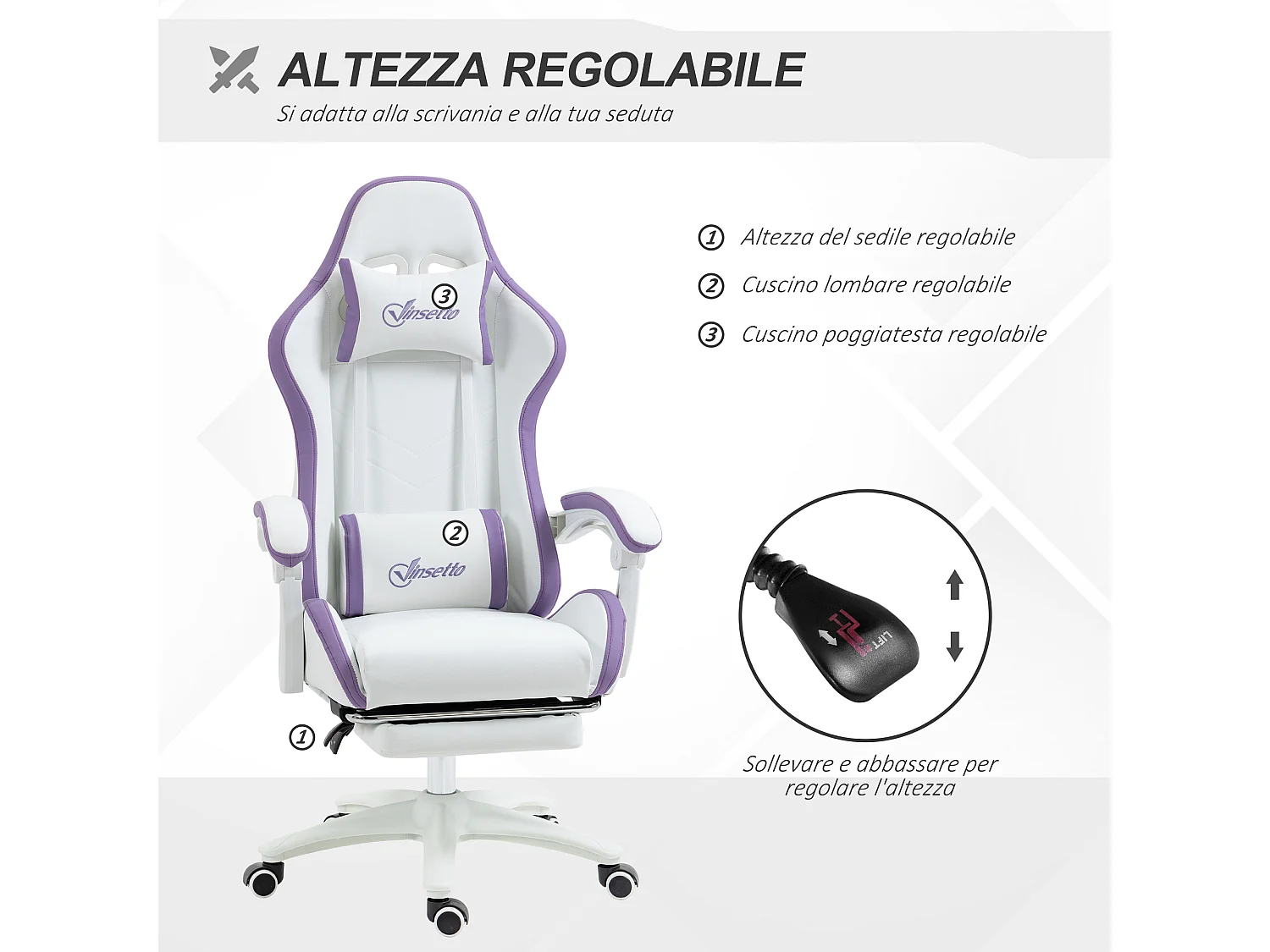 Sedia gaming altezza regolabile con schienale reclinabile bianco viola