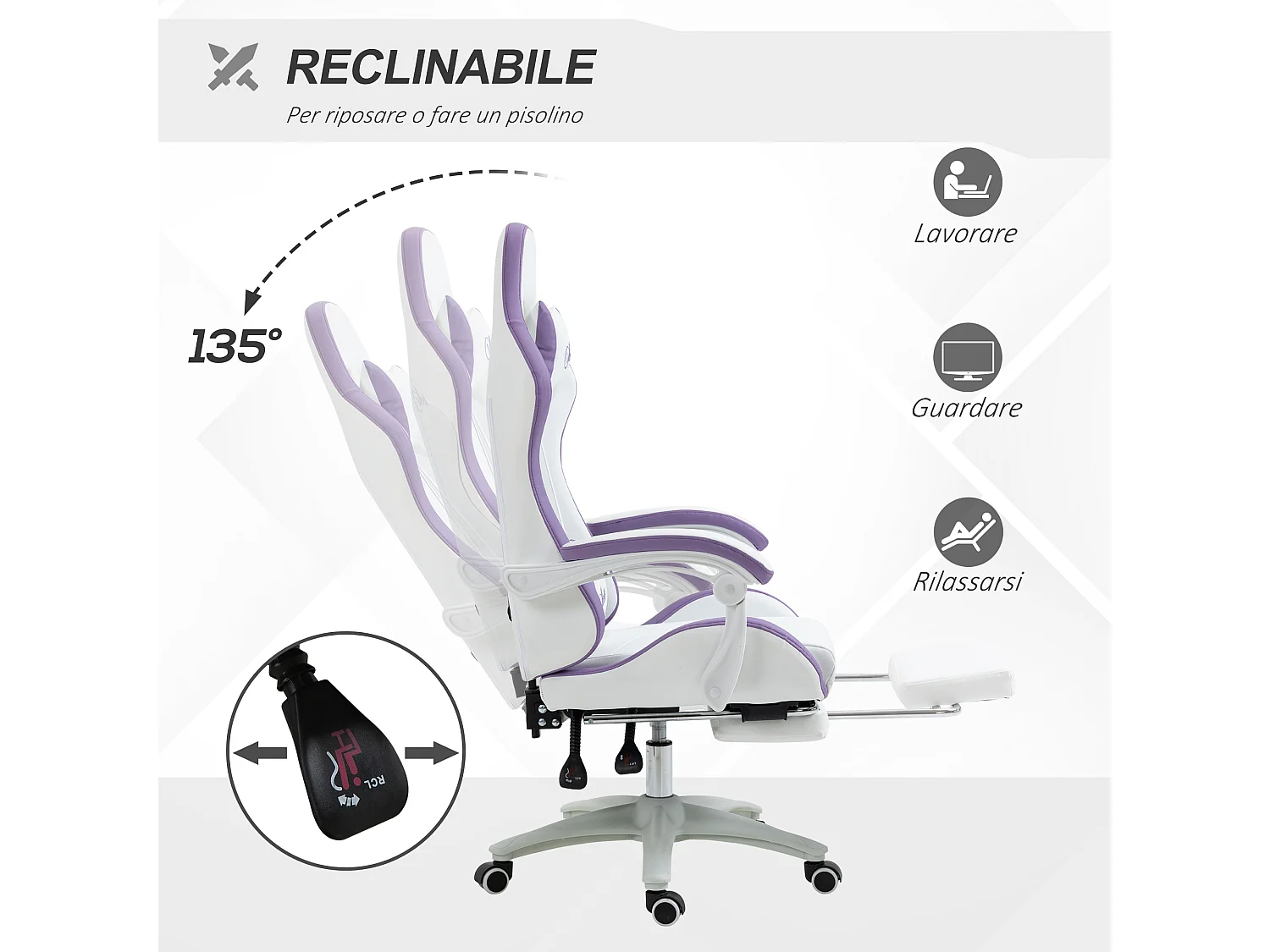 Sedia gaming altezza regolabile con schienale reclinabile bianco viola