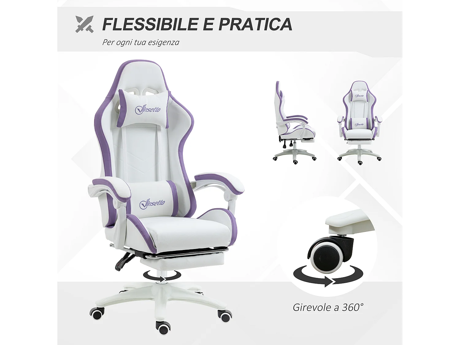 Sedia gaming altezza regolabile con schienale reclinabile bianco viola