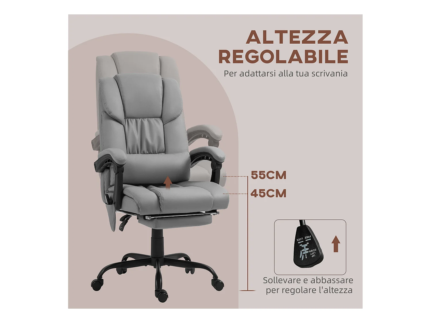 Poltrona massaggiante ad altezza regolabile con poggiapiedi grigia