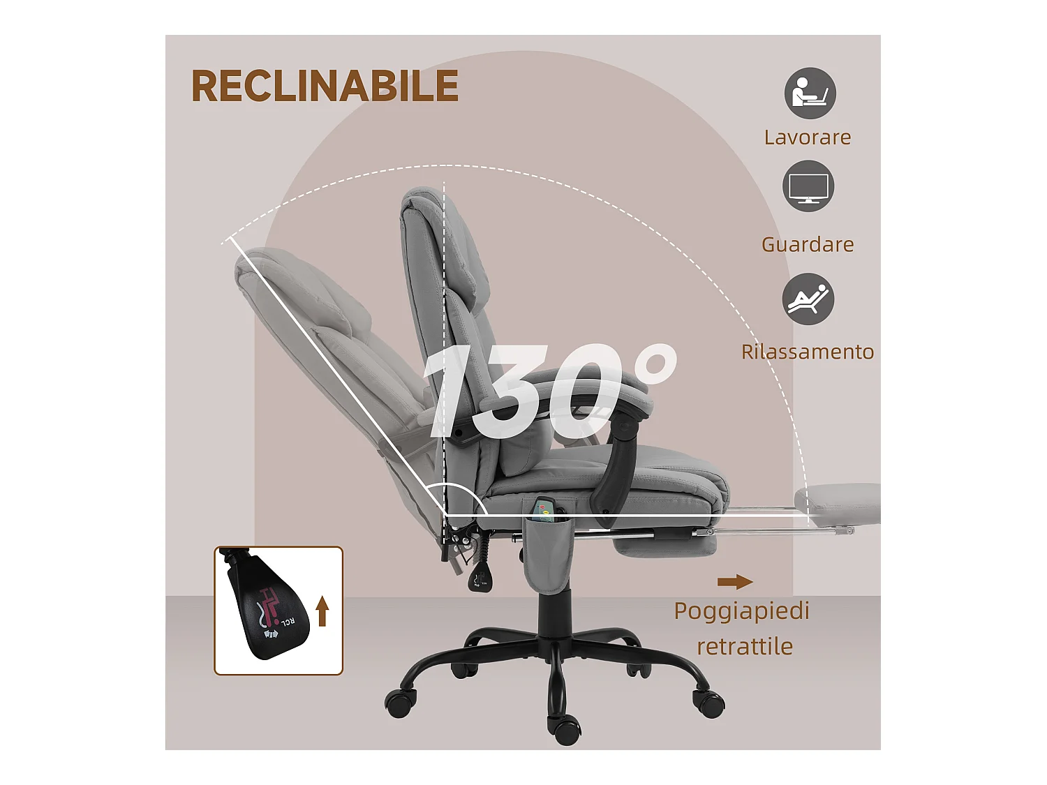 Poltrona massaggiante ad altezza regolabile con poggiapiedi grigia