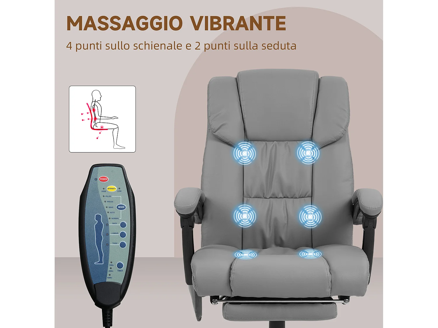 Poltrona massaggiante ad altezza regolabile con poggiapiedi grigia