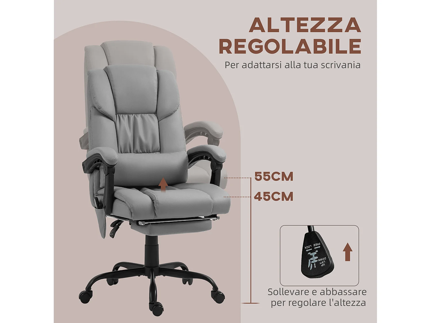 Poltrona massaggiante ad altezza regolabile con poggiapiedi grigia