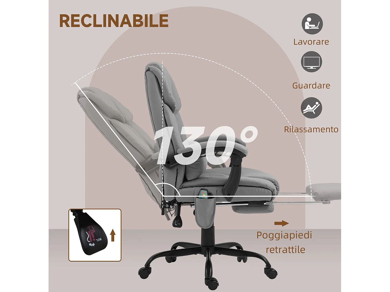 Poltrona massaggiante ad altezza regolabile con poggiapiedi grigia