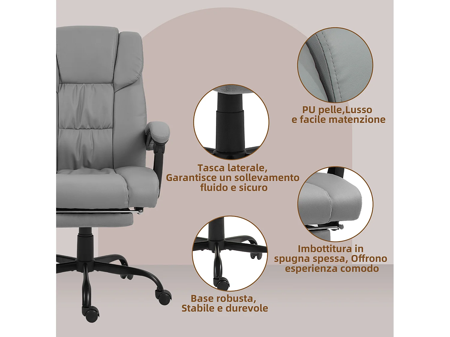 Poltrona massaggiante ad altezza regolabile con poggiapiedi grigia