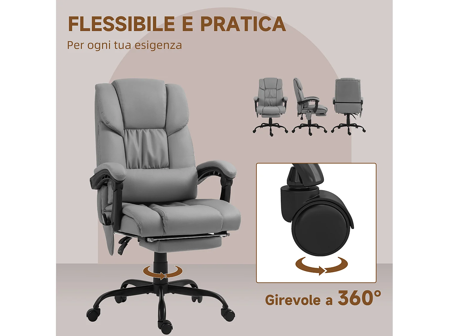 Poltrona massaggiante ad altezza regolabile con poggiapiedi grigia