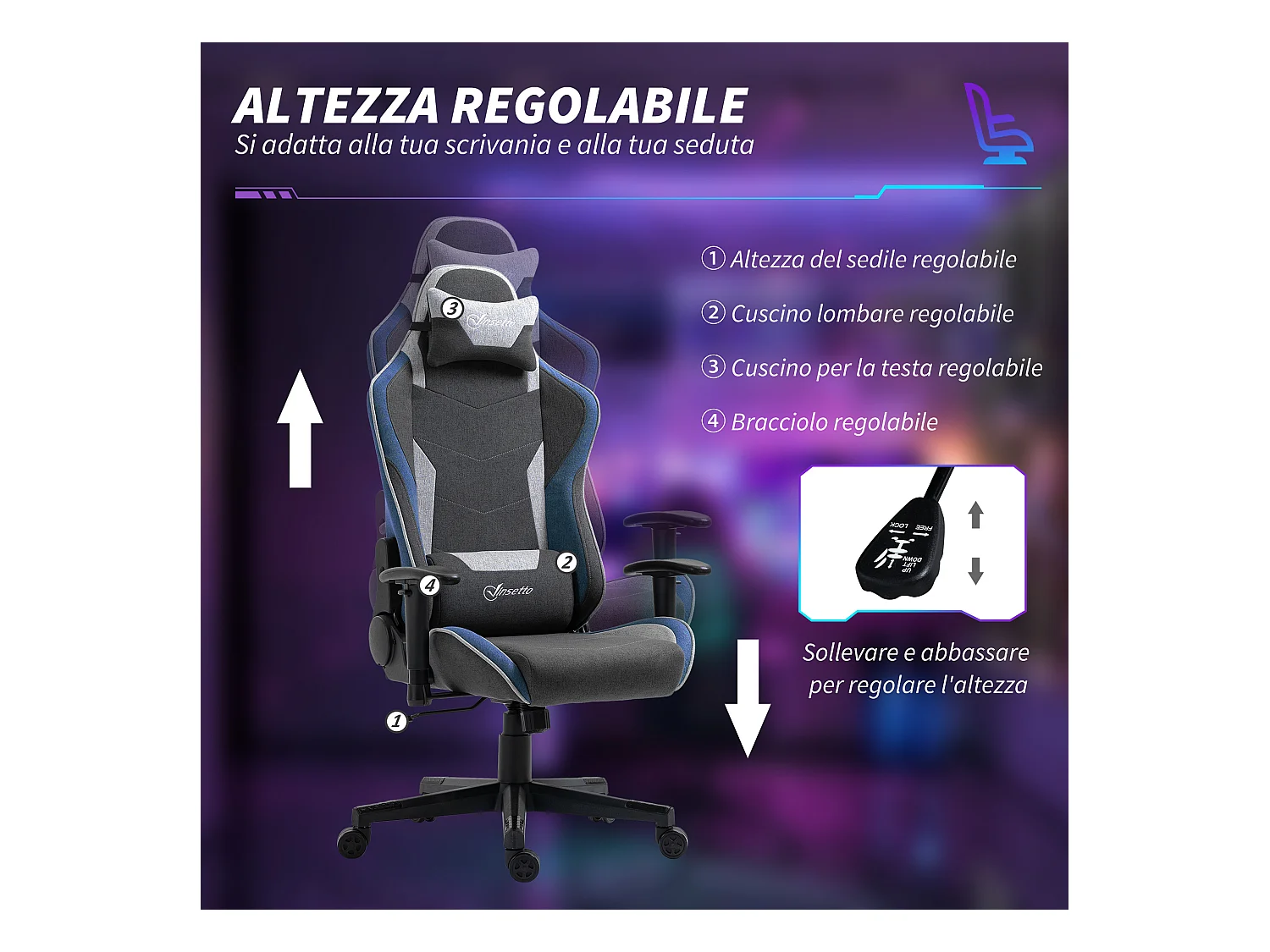 Sedia da gaming ad altezza regolabile e reclinabile a 150° grigio