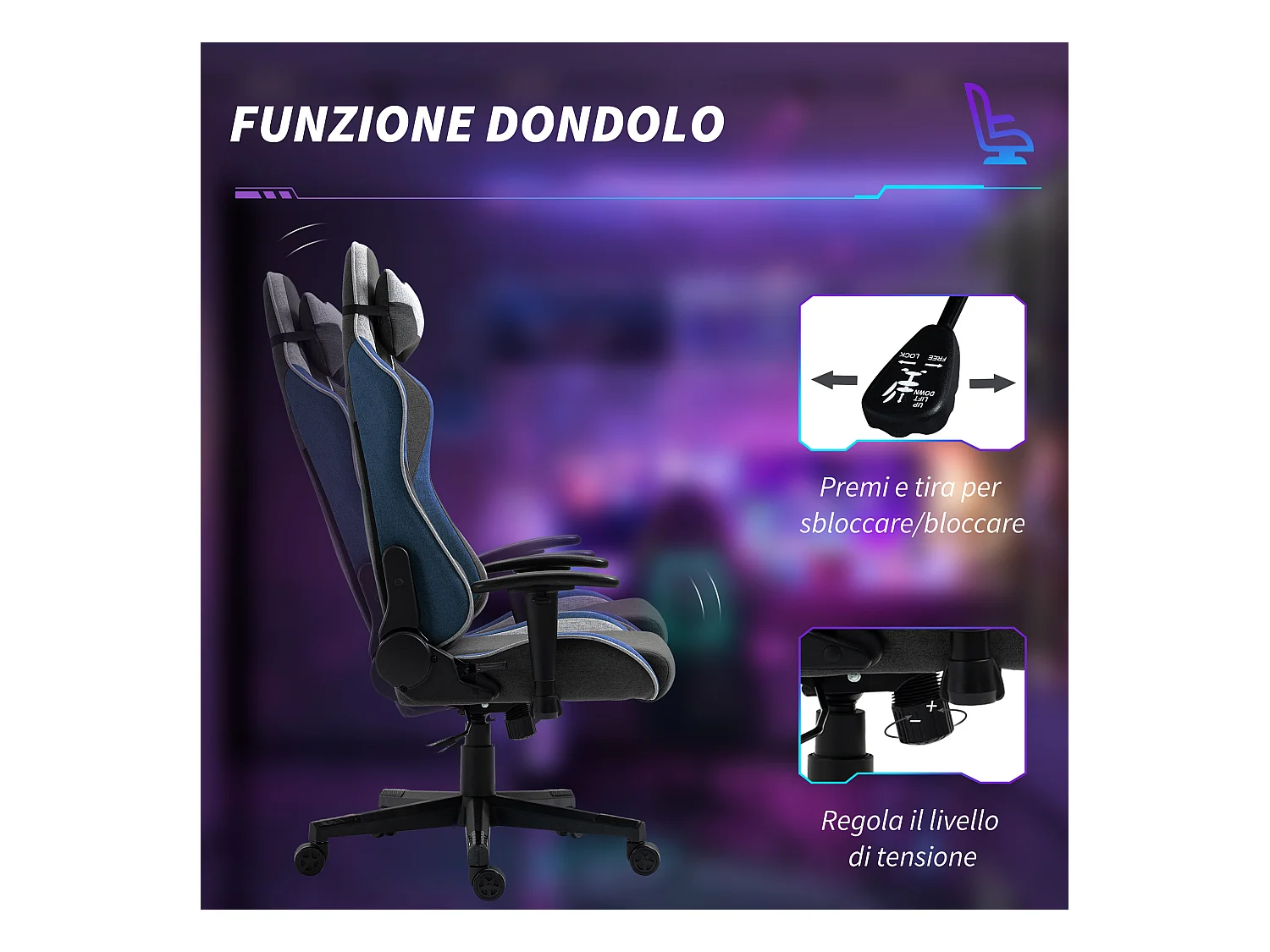 Sedia da gaming ad altezza regolabile e reclinabile a 150° grigio