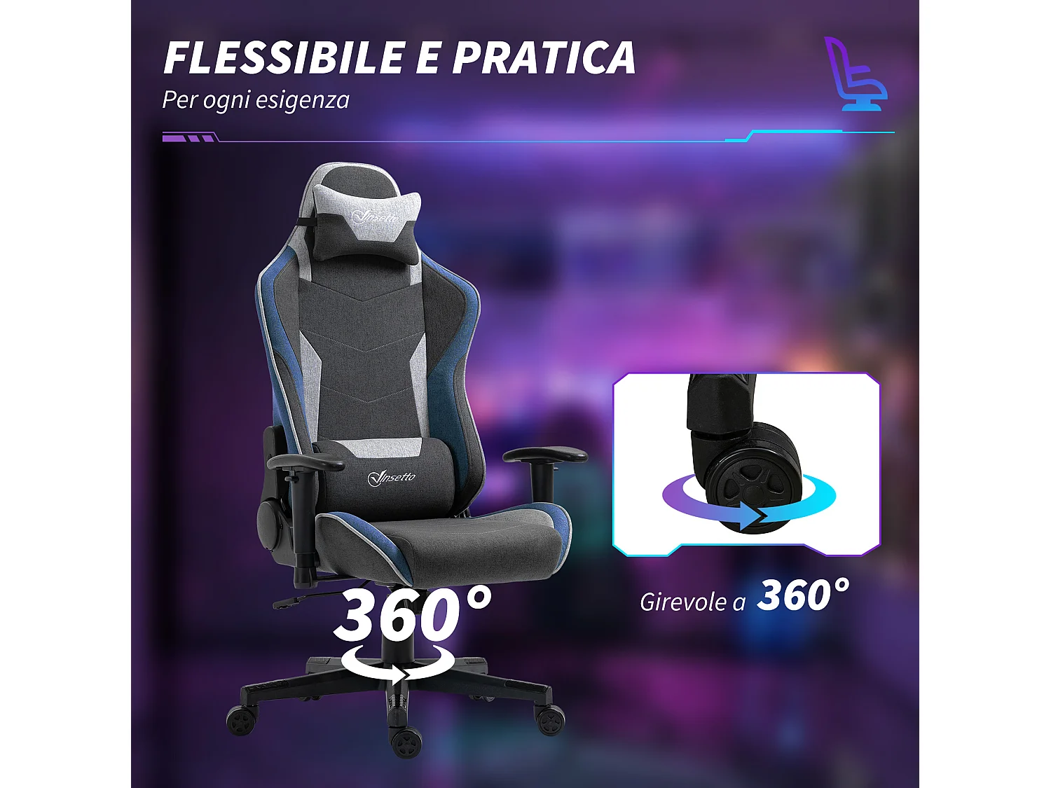 Sedia da gaming ad altezza regolabile e reclinabile a 150° grigio