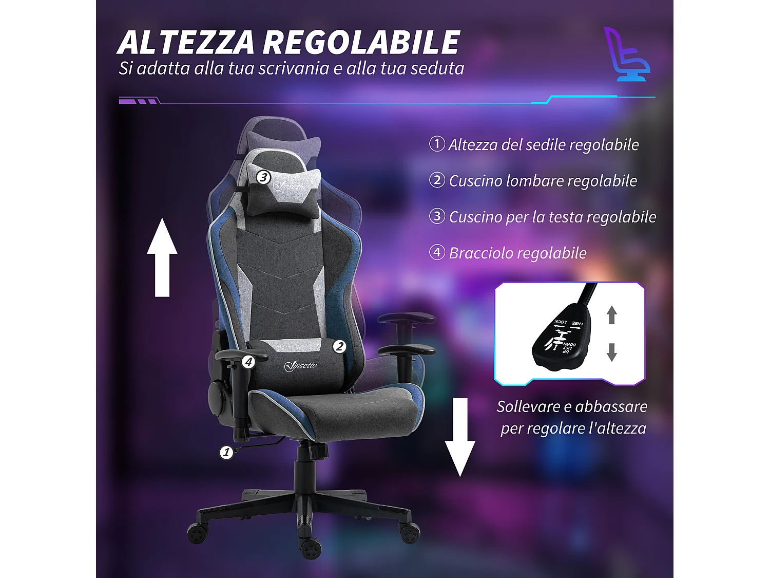 Sedia da gaming ad altezza regolabile e reclinabile a 150° grigio