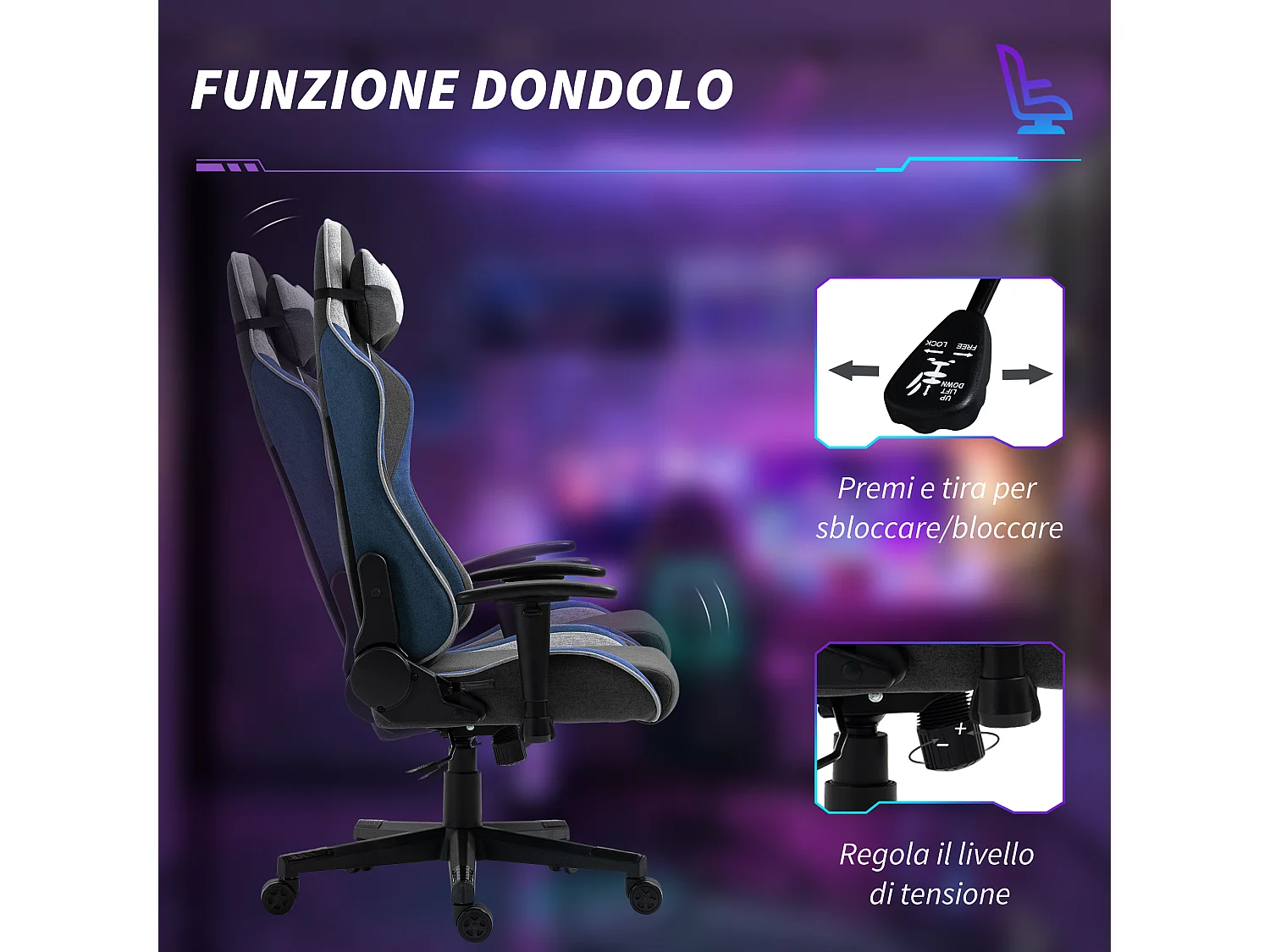 Sedia da gaming ad altezza regolabile e reclinabile a 150° grigio