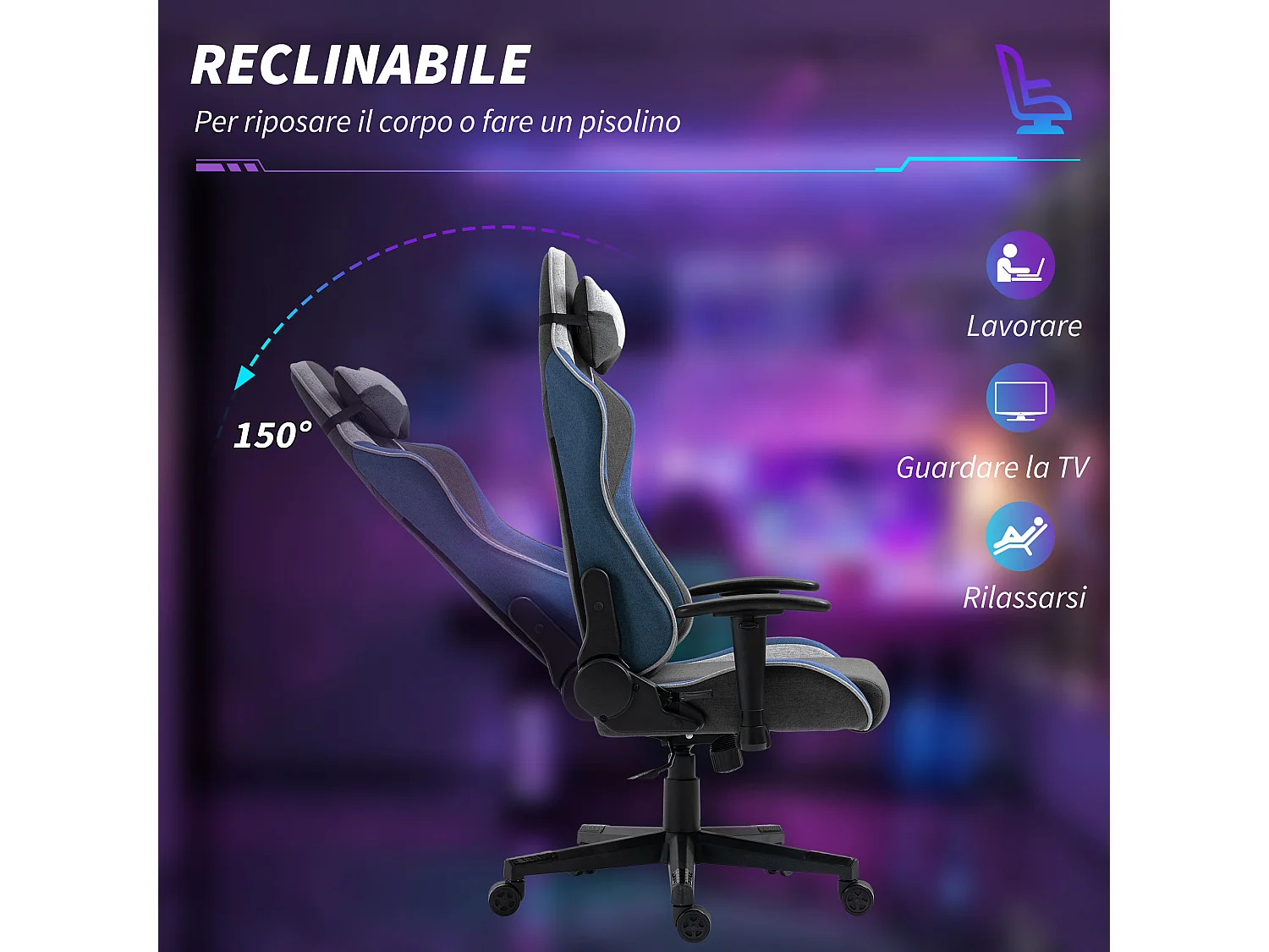 Sedia da gaming ad altezza regolabile e reclinabile a 150° grigio