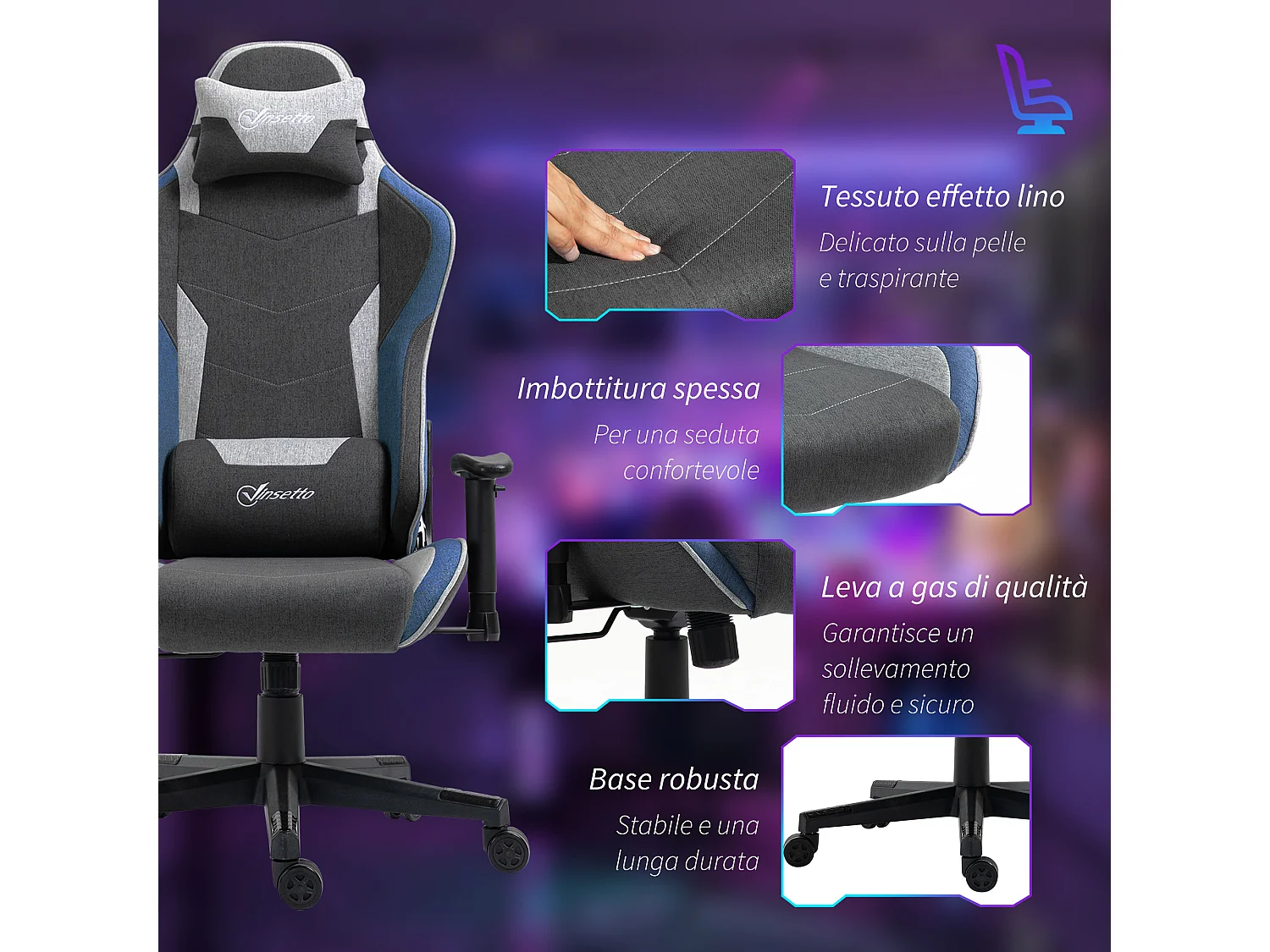 Sedia da gaming ad altezza regolabile e reclinabile a 150° grigio