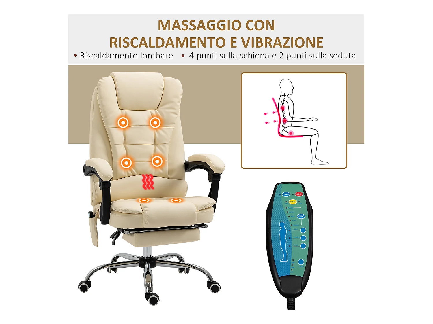 Poltrona massaggiante da ufficio ergonomica e girevole in finta pelle