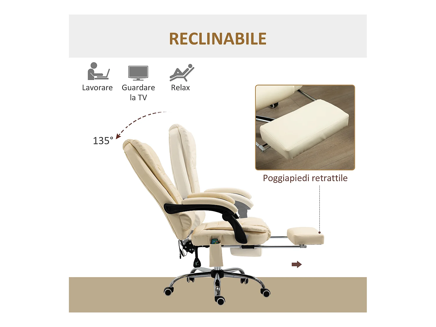 Poltrona massaggiante da ufficio ergonomica e girevole in finta pelle