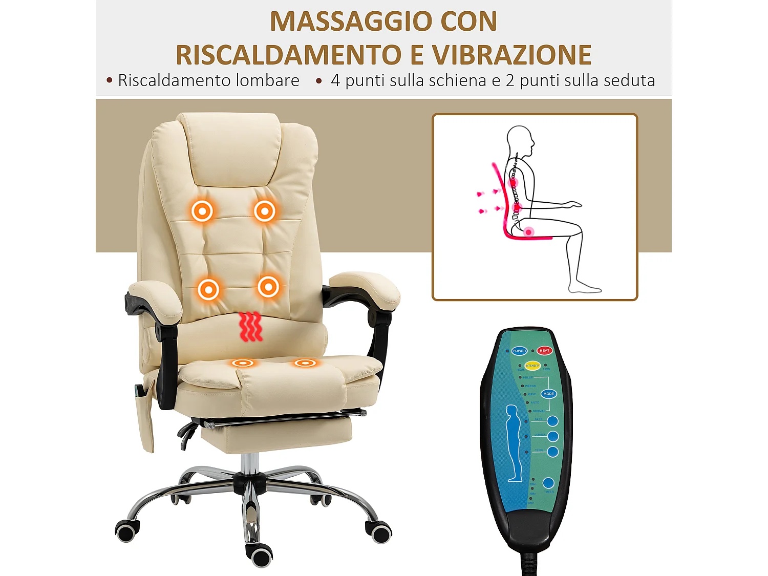 Poltrona massaggiante da ufficio ergonomica e girevole in finta pelle