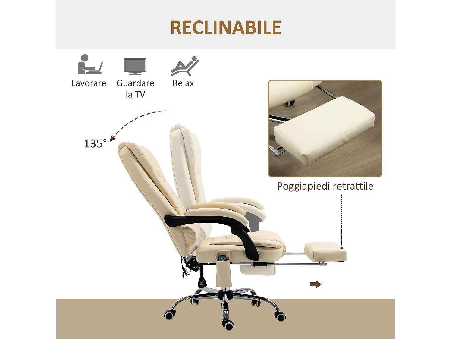 Poltrona massaggiante da ufficio ergonomica e girevole in finta pelle