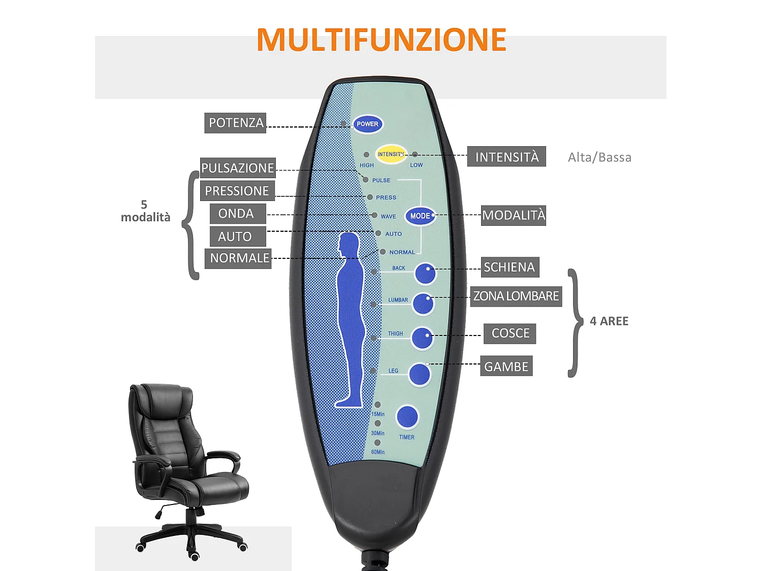 Poltrona massaggiante da ufficio ad altezza regolabile nera