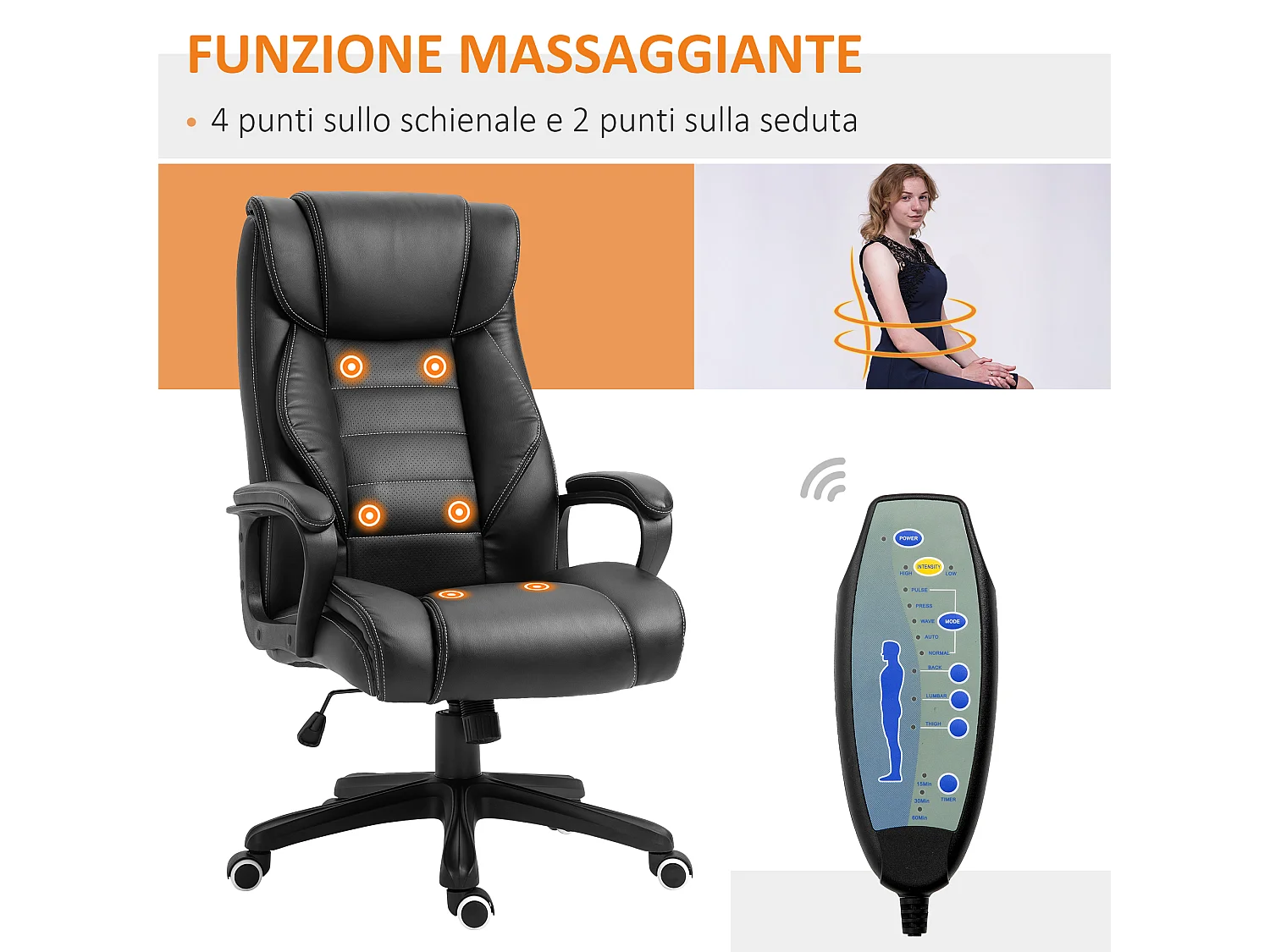 Poltrona massaggiante da ufficio ad altezza regolabile nera