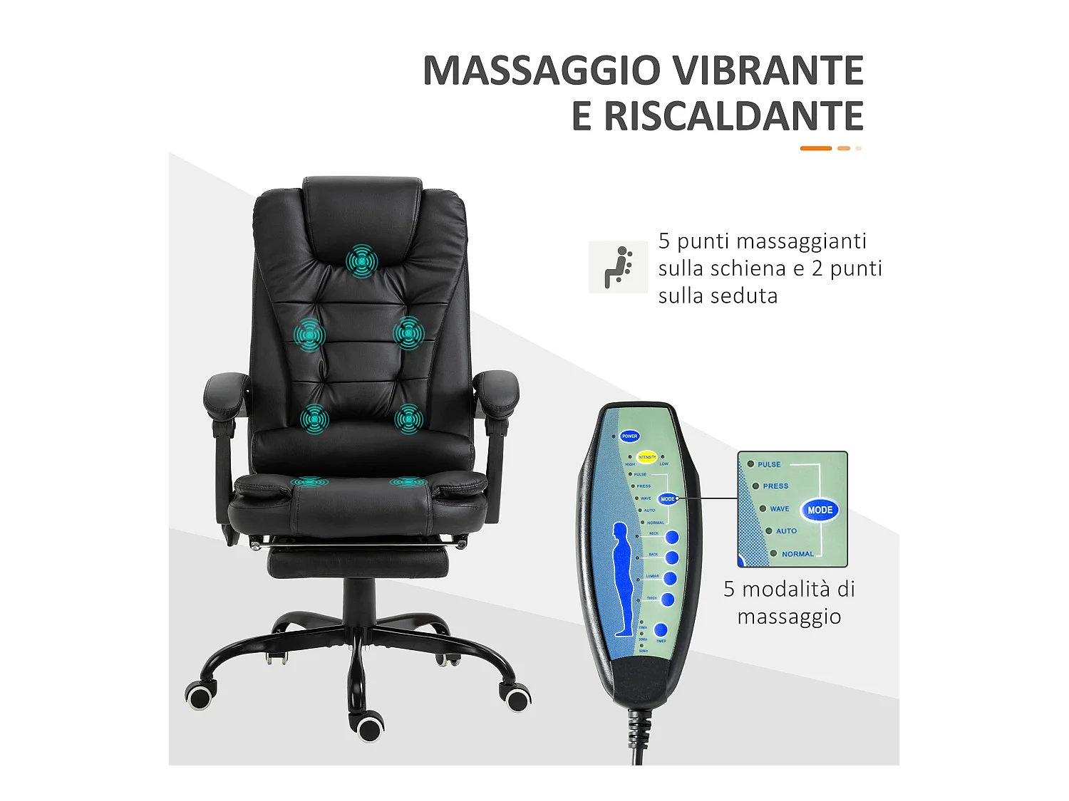 Poltrona da ufficio massaggiante con poggiapiedi reclinabile nera
