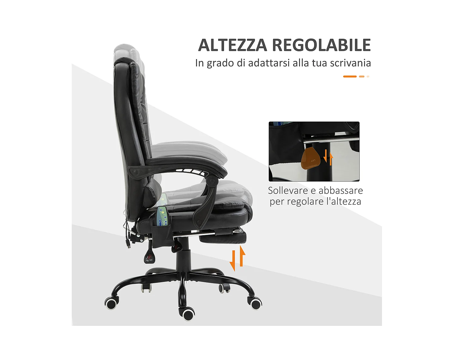 Poltrona da ufficio massaggiante con poggiapiedi reclinabile nera