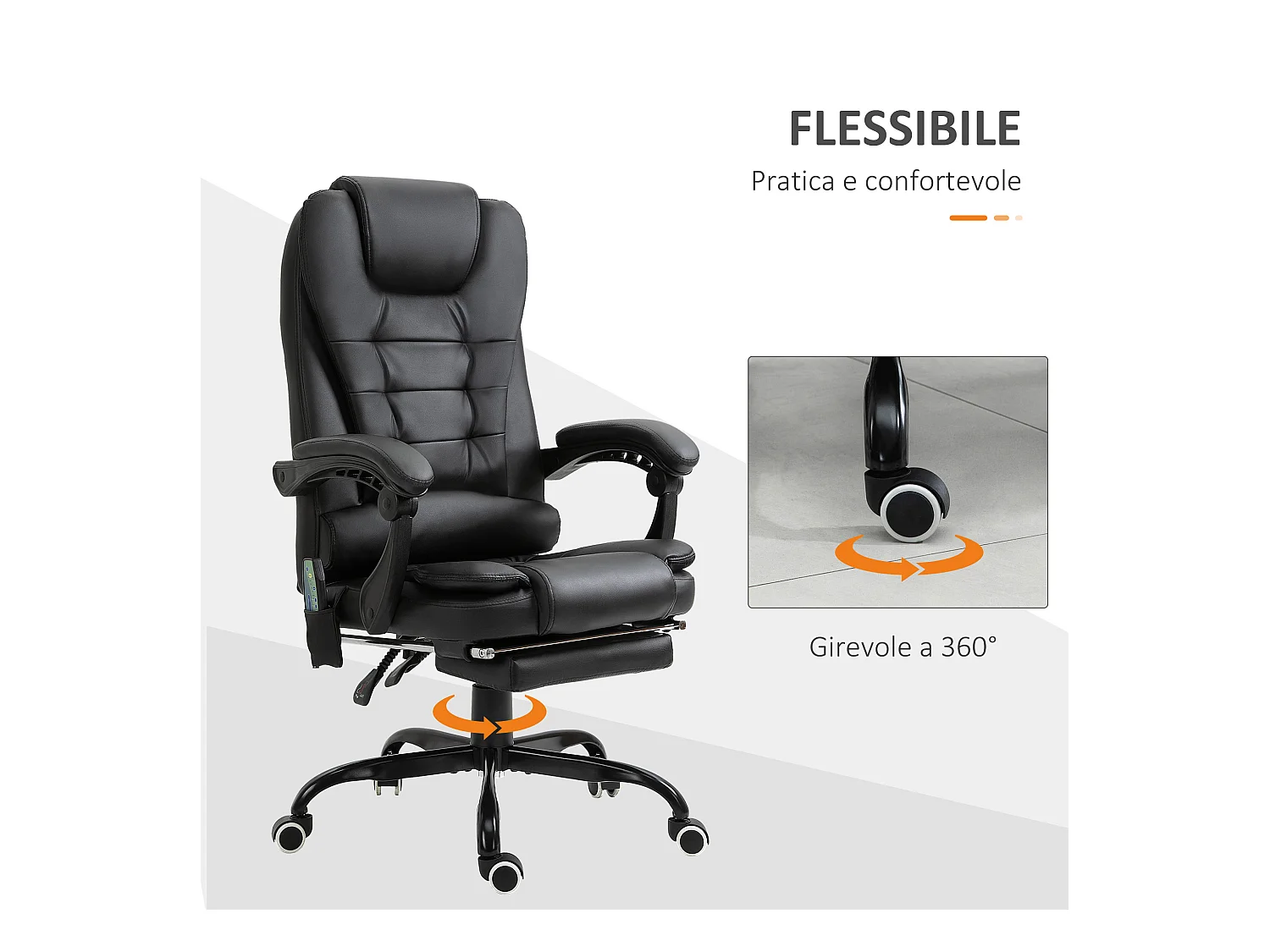 Poltrona da ufficio massaggiante con poggiapiedi reclinabile nera