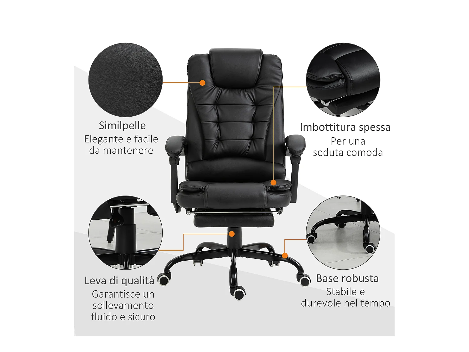 Poltrona da ufficio massaggiante con poggiapiedi reclinabile nera