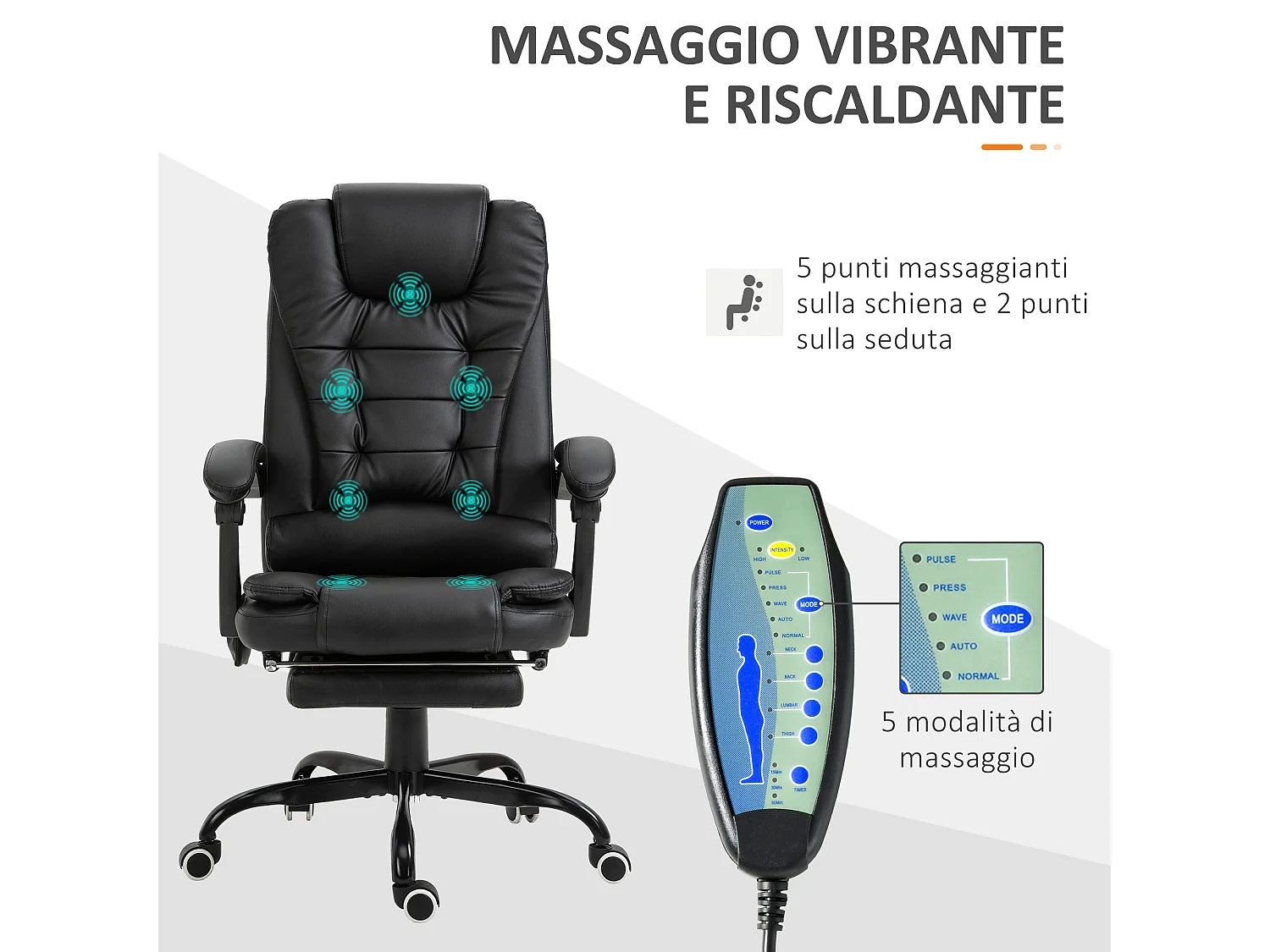 Poltrona da ufficio massaggiante con poggiapiedi reclinabile nera
