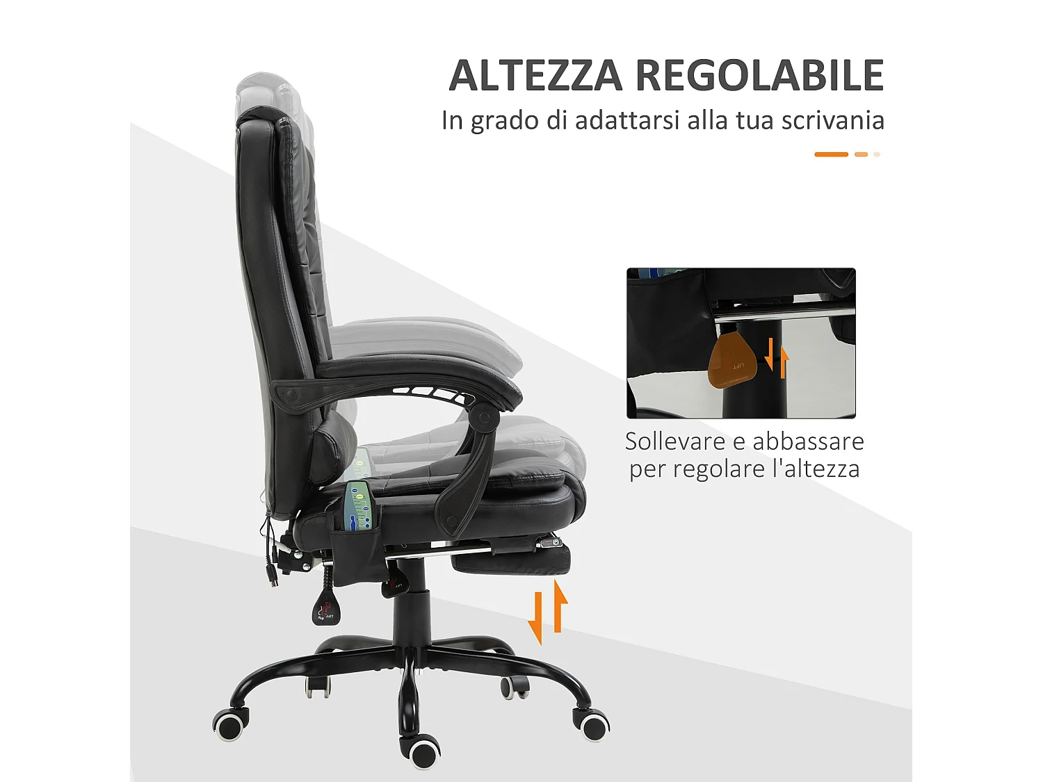 Poltrona da ufficio massaggiante con poggiapiedi reclinabile nera