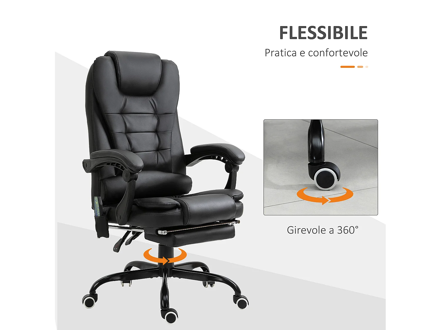 Poltrona da ufficio massaggiante con poggiapiedi reclinabile nera