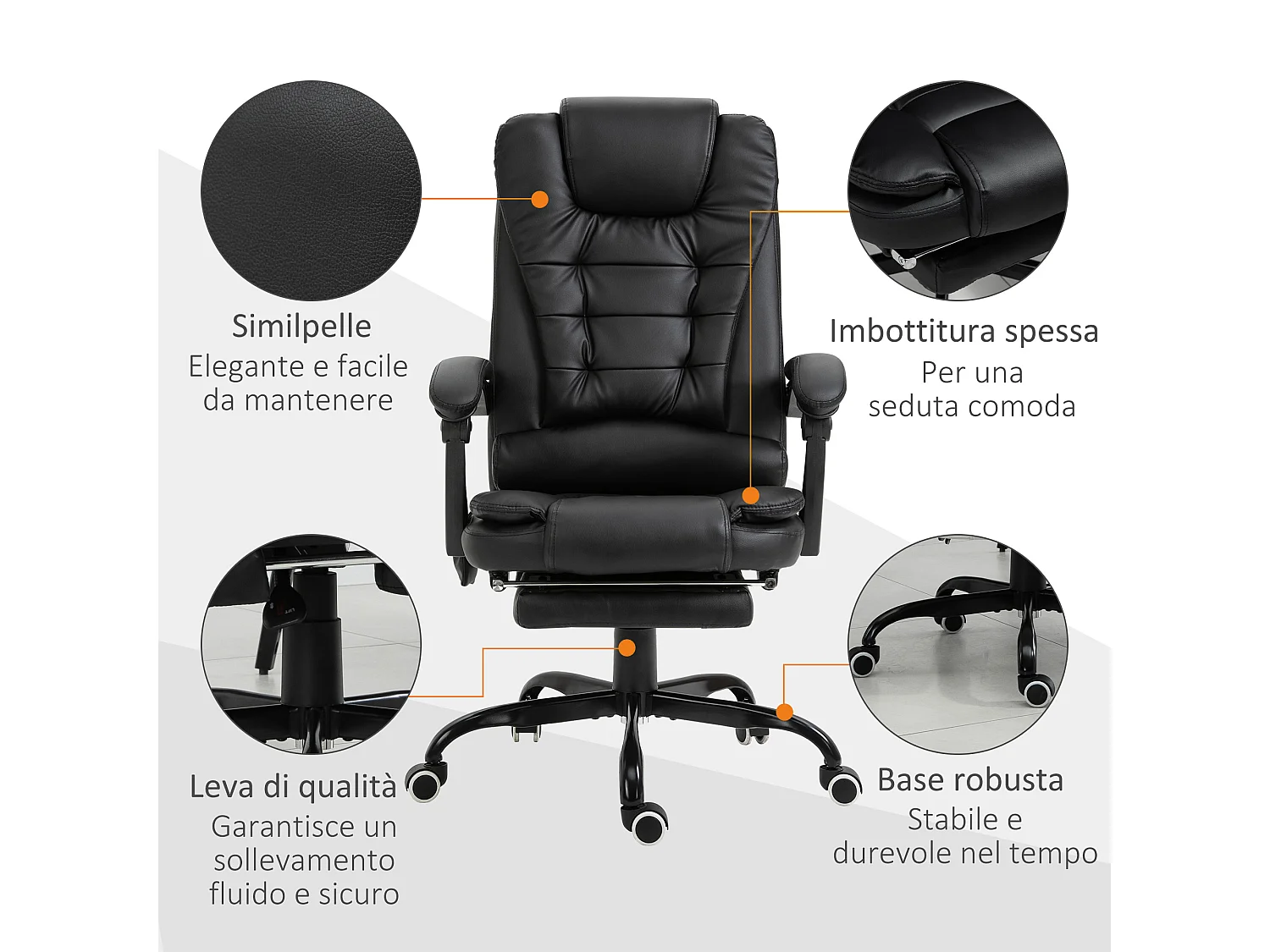 Poltrona da ufficio massaggiante con poggiapiedi reclinabile nera