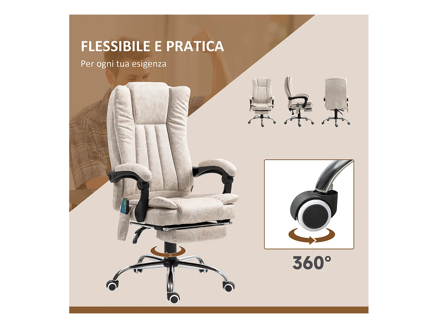 Sedia da ufficio massaggiante e riscaldante con poggiapiedi crema