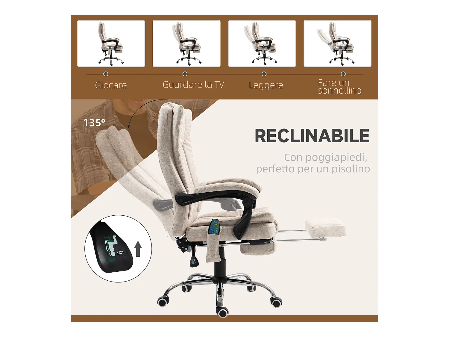 Sedia da ufficio massaggiante e riscaldante con poggiapiedi crema