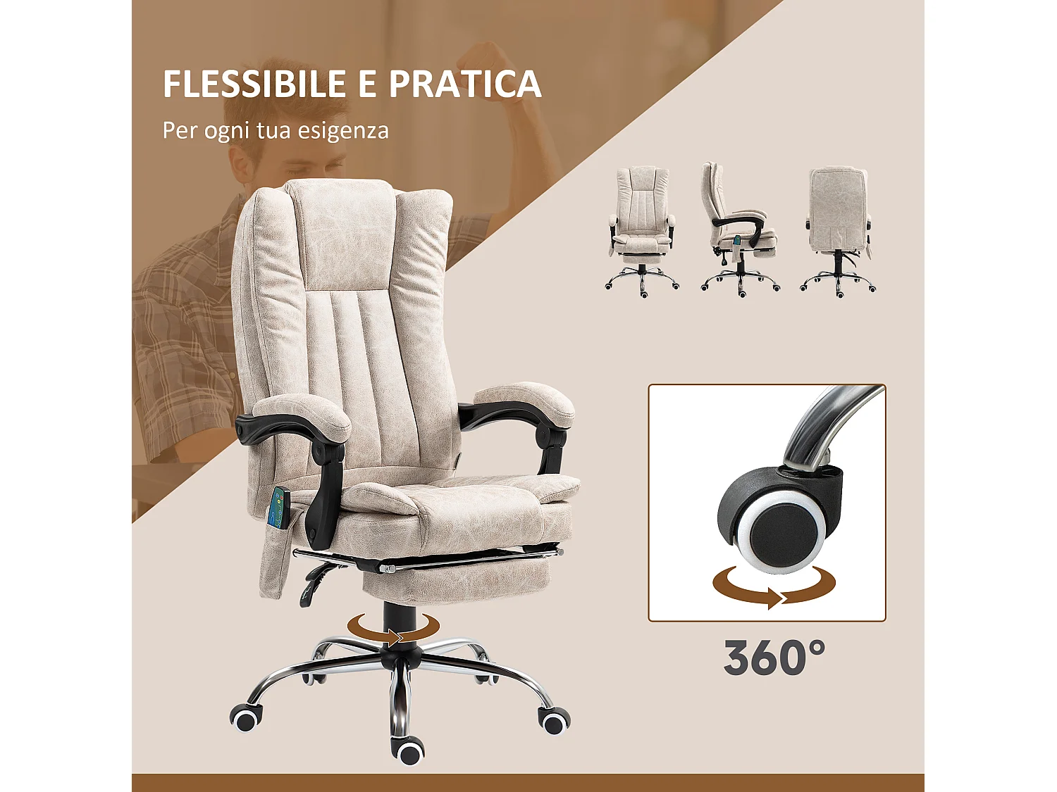 Sedia da ufficio massaggiante e riscaldante con poggiapiedi crema