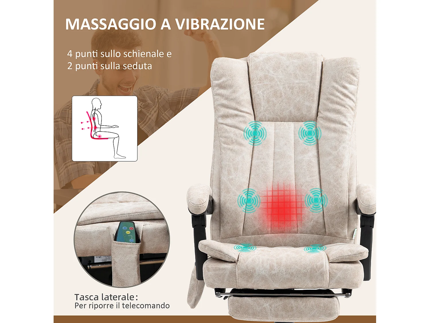 Sedia da ufficio massaggiante e riscaldante con poggiapiedi crema