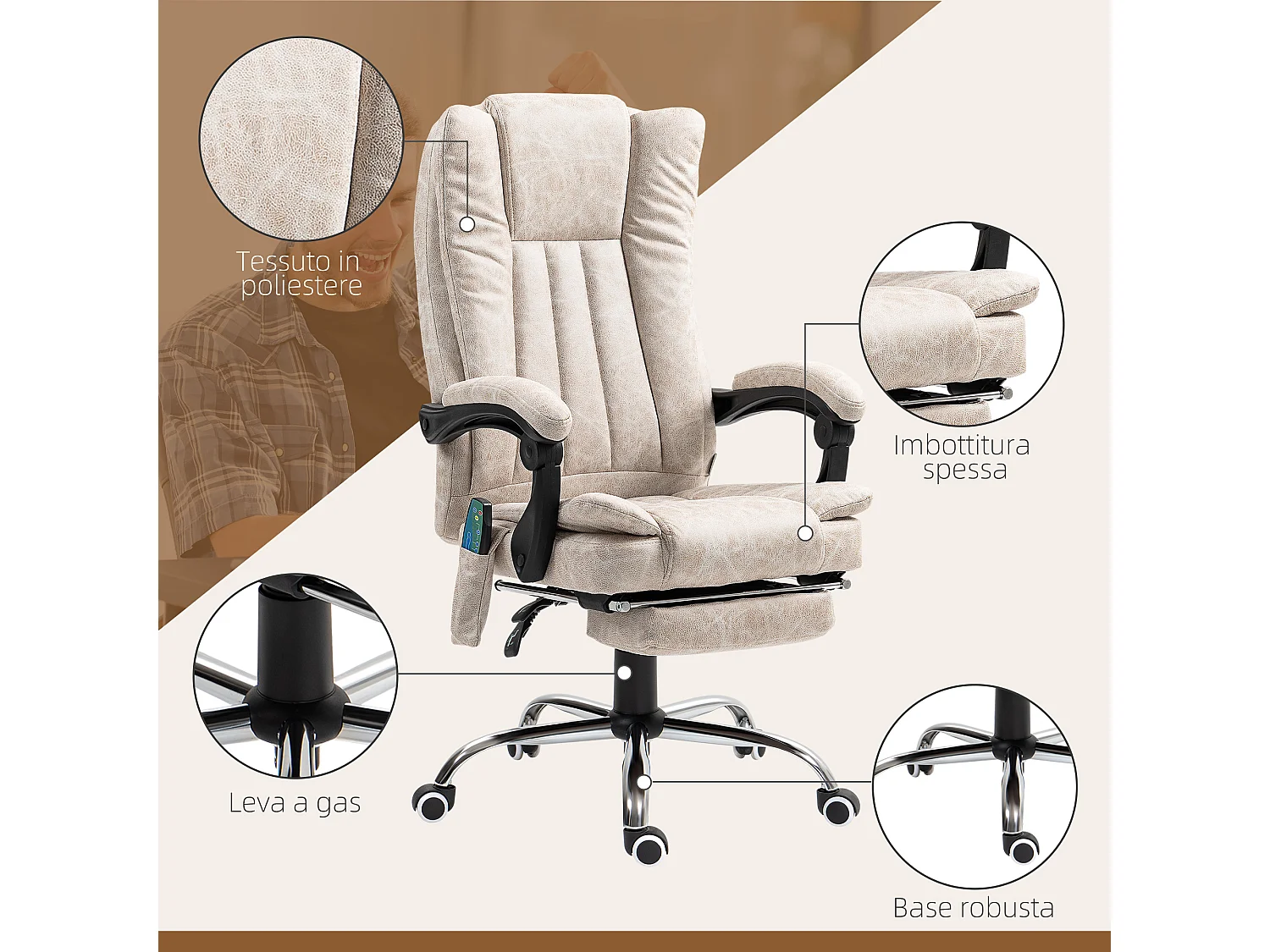 Sedia da ufficio massaggiante e riscaldante con poggiapiedi crema