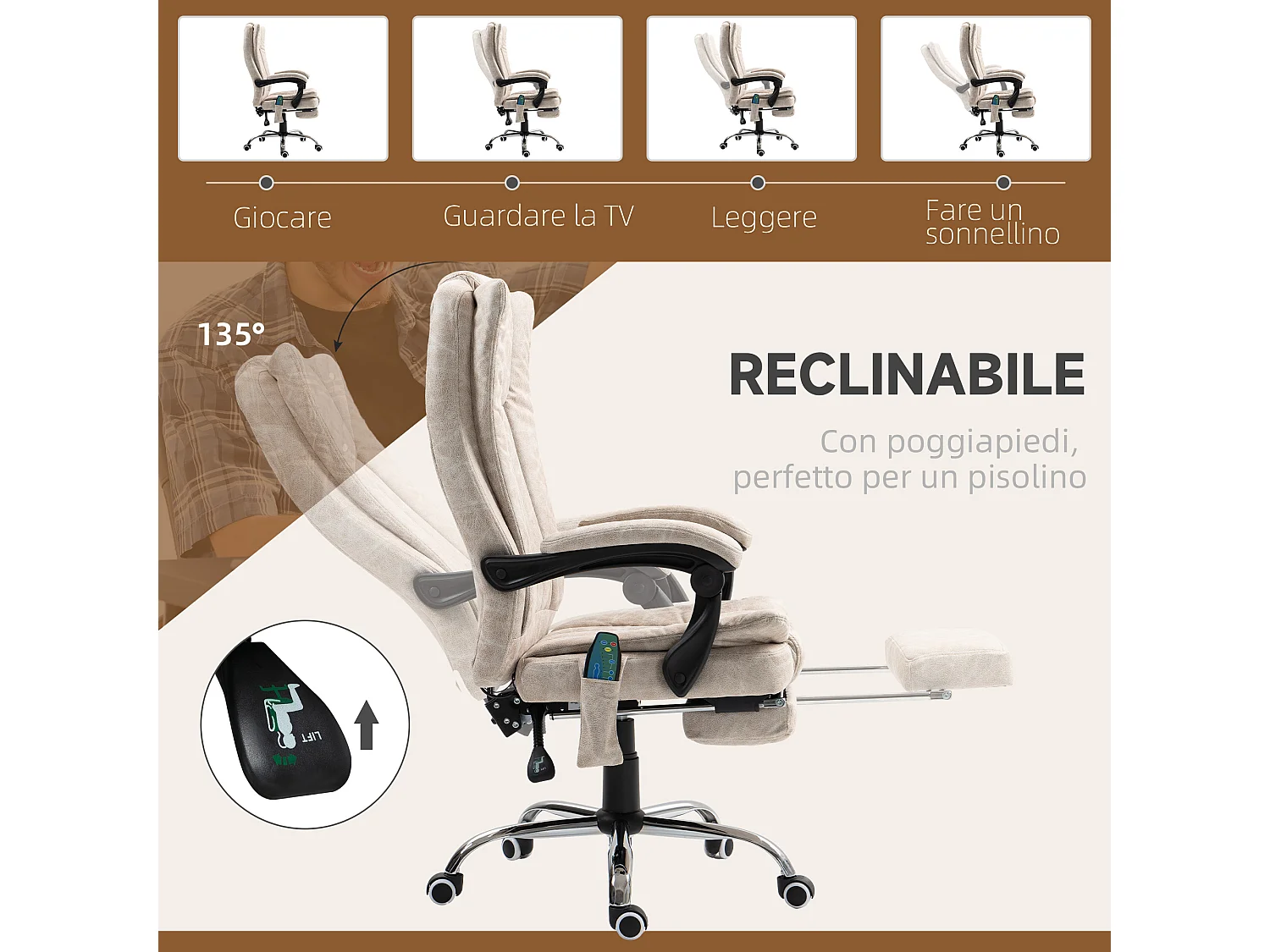 Sedia da ufficio massaggiante e riscaldante con poggiapiedi crema