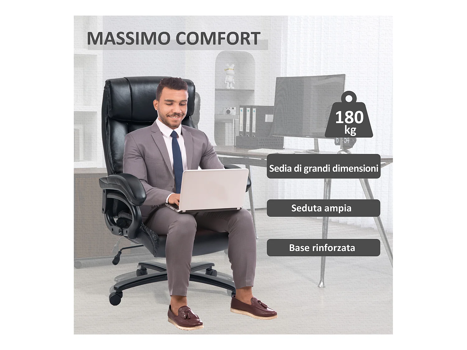 Poltrona da ufficio massaggiante e riscaldata con 8 programmi nera