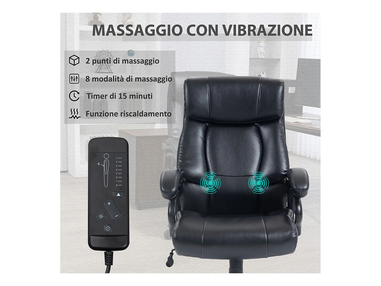 Poltrona da ufficio massaggiante e riscaldata con 8 programmi nera