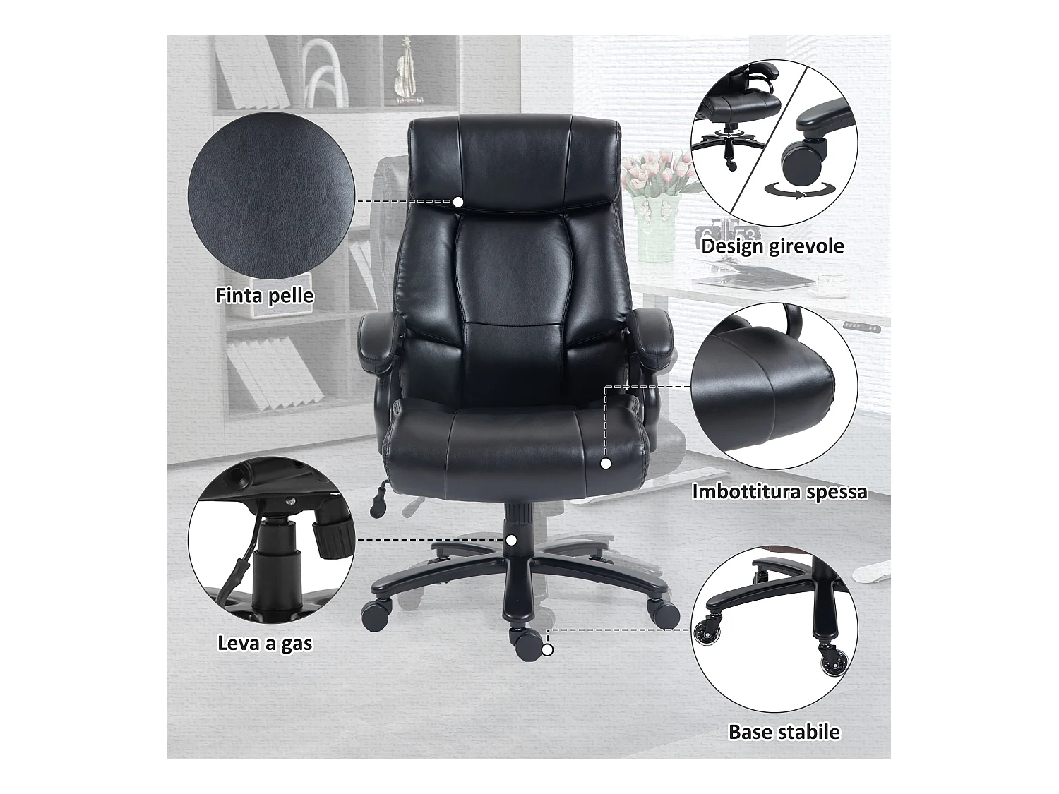 Poltrona da ufficio massaggiante e riscaldata con 8 programmi nera