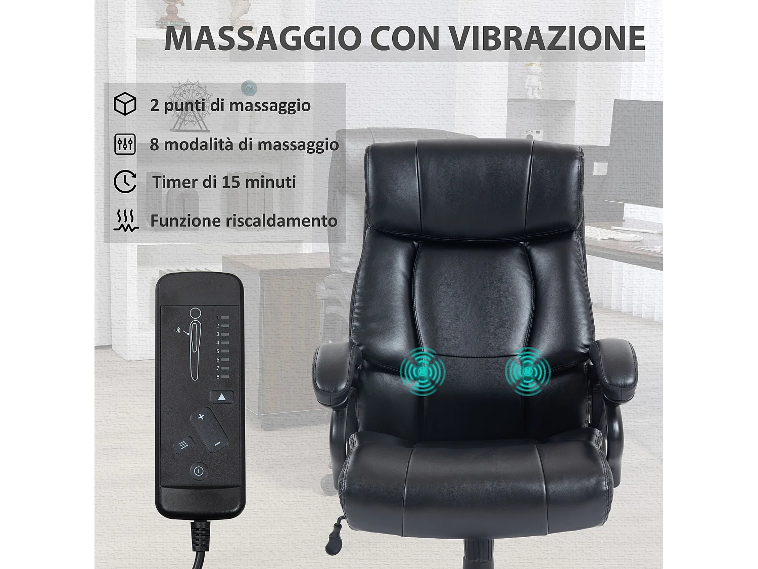 Poltrona da ufficio massaggiante e riscaldata con 8 programmi nera