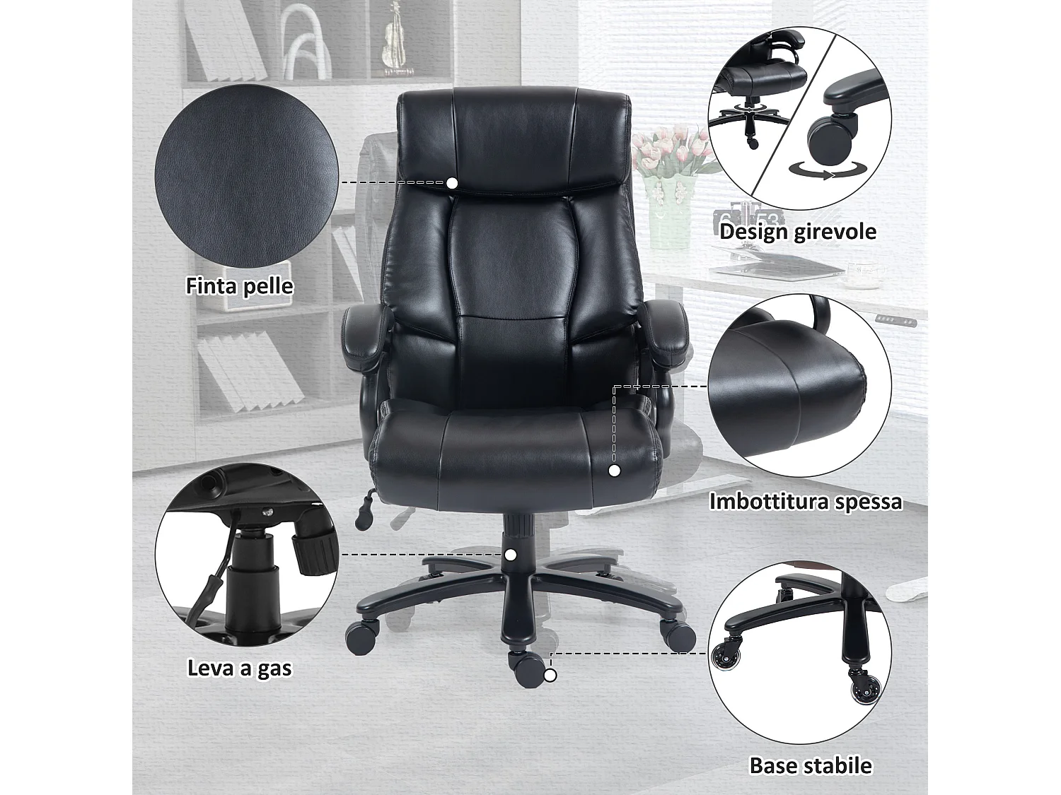 Poltrona da ufficio massaggiante e riscaldata con 8 programmi nera