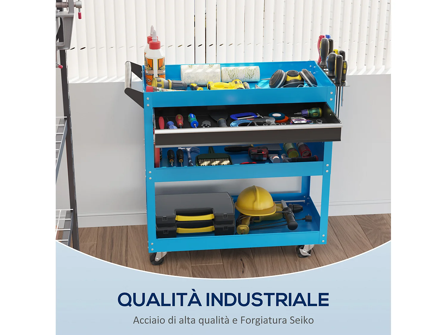 Carrello porta attrezzi con cassetto e 3 ripiani in acciaio blu
