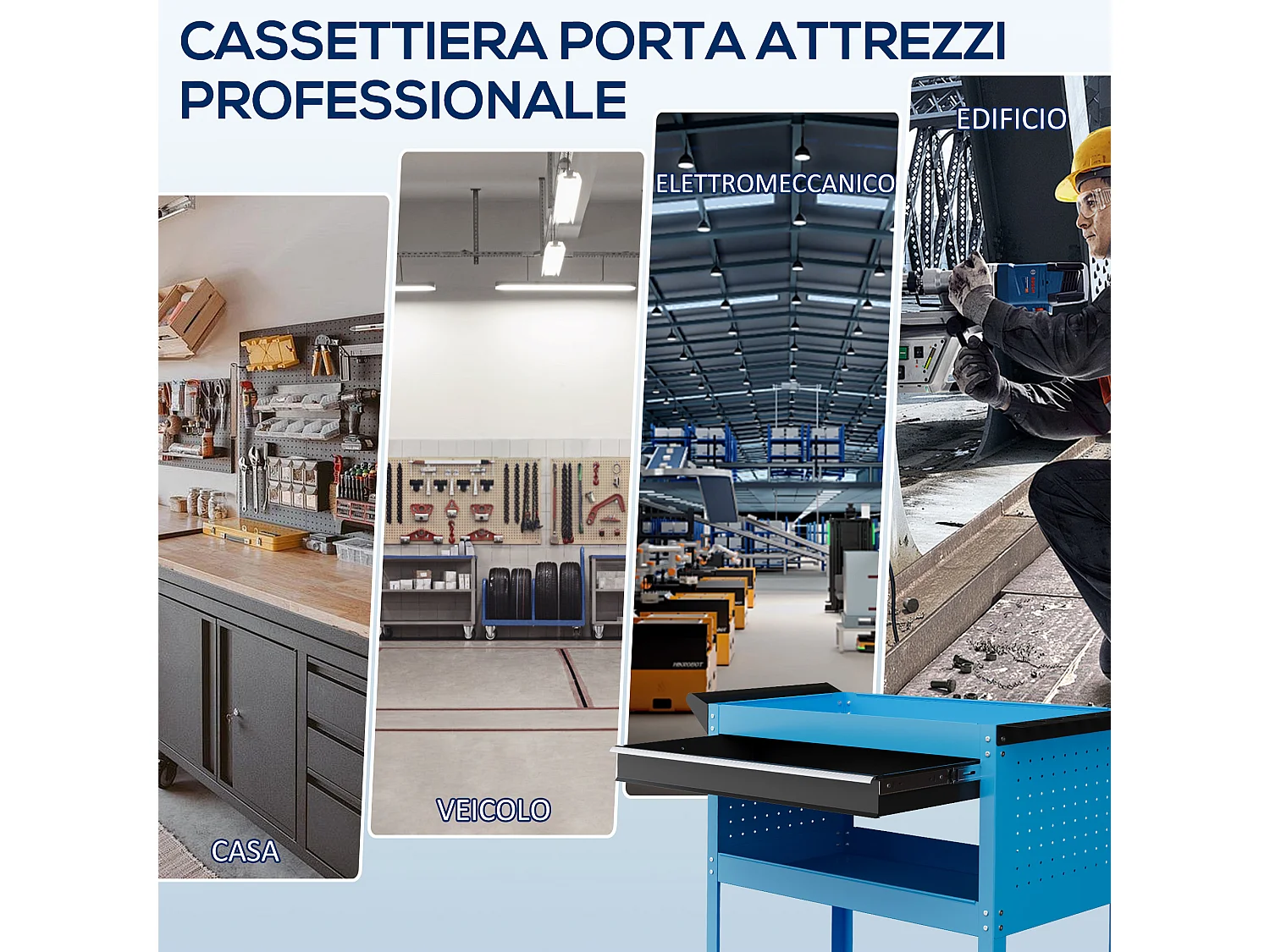 Carrello porta attrezzi con cassetto e 3 ripiani in acciaio blu