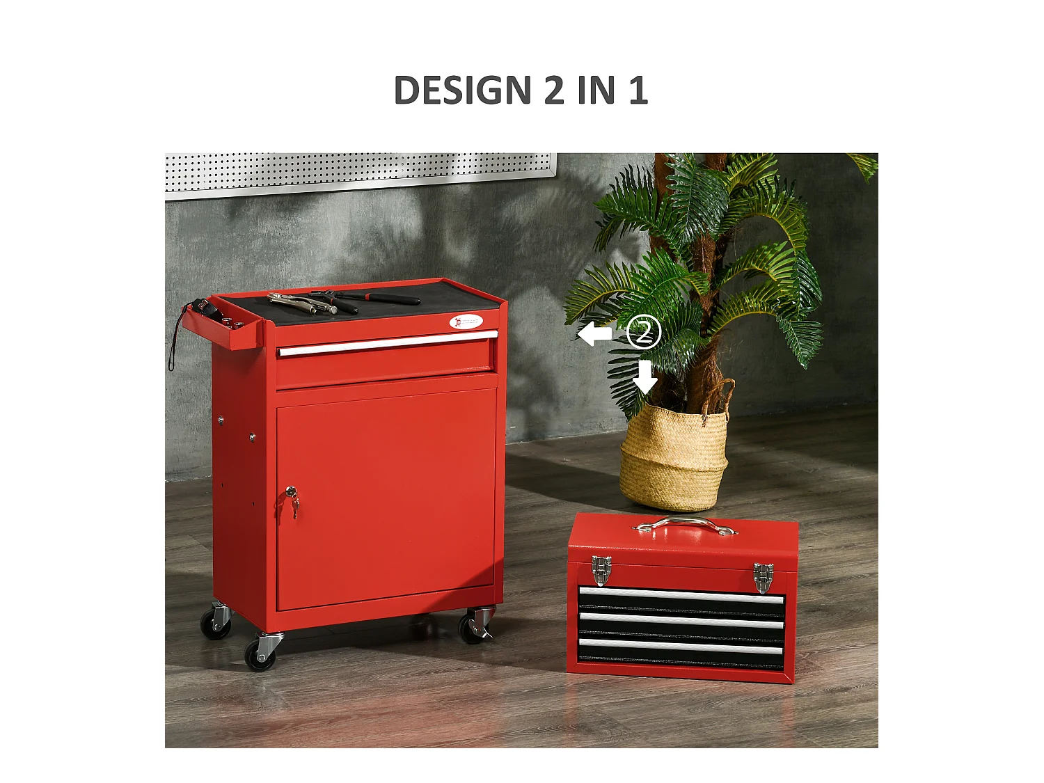 Carrello portautensili 2 in 1 con cassetta rimovibile e armadietto