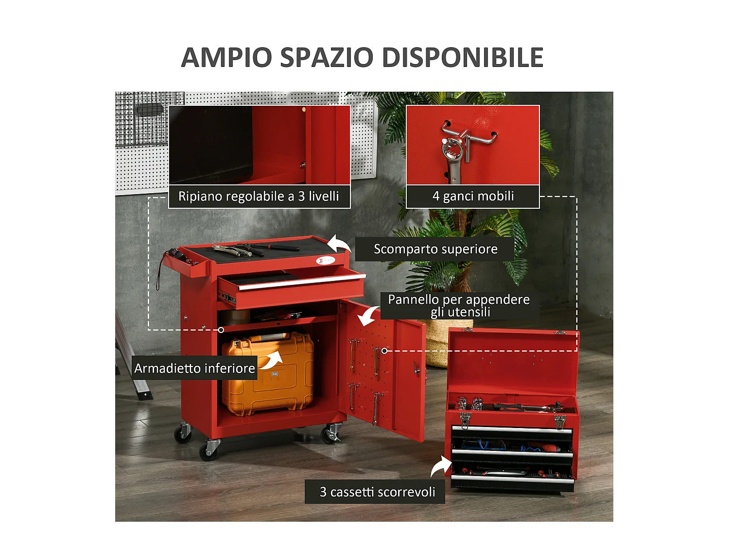 Carrello portautensili 2 in 1 con cassetta rimovibile e armadietto