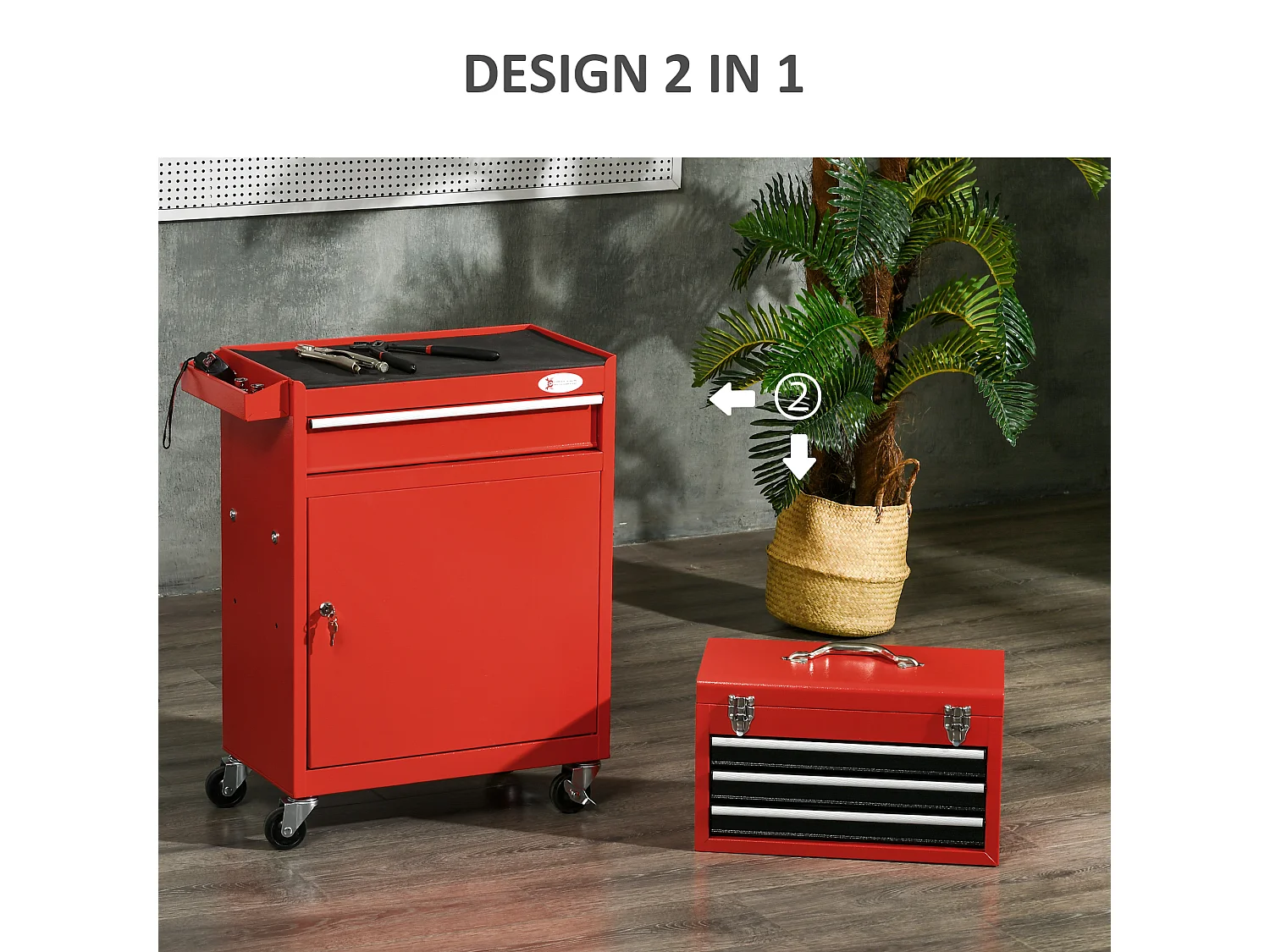 Carrello portautensili 2 in 1 con cassetta rimovibile e armadietto