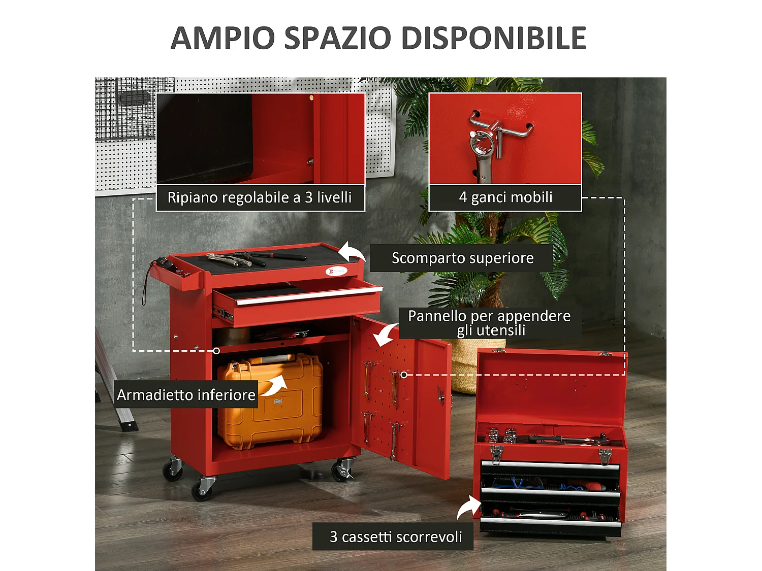 Carrello portautensili 2 in 1 con cassetta rimovibile e armadietto